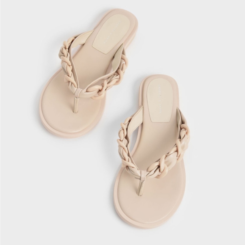 NEW Charles & Keith Vegan Leather Braided Chain Flip Flops Sandals